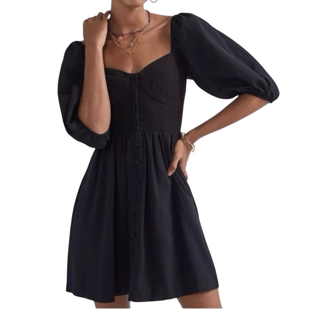 Anthropologie Maeve Puff Sleeve Sweetheart Mini Dress in Black Size Small